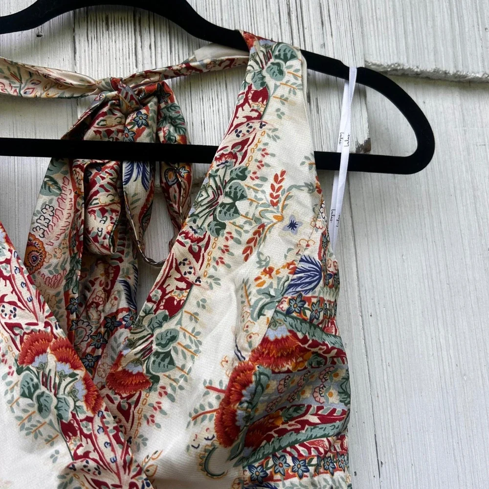 Lulus Cream Scarf Print Halter‎ Romper Boho Satin Paisley Floral Womens Size S